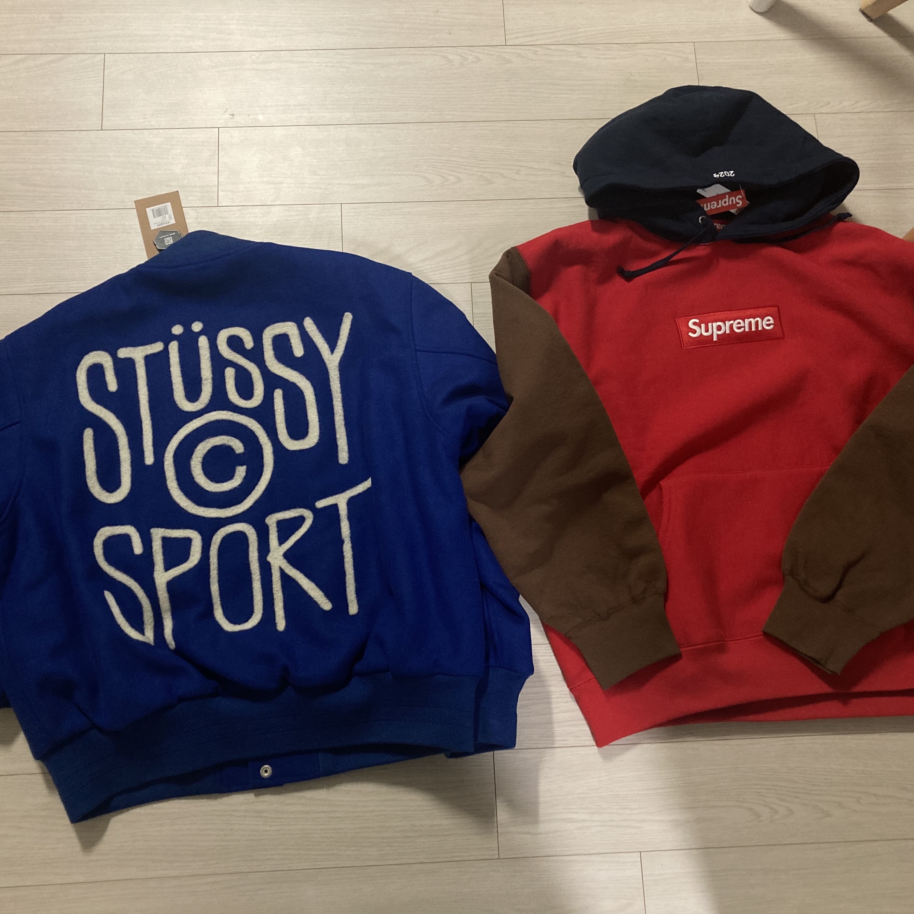 Stussy Sport Melton Varsity Jacket Royal, Supreme Box Logo Hooded Sweatshirt Multicolor - 24FW 착용 스타일