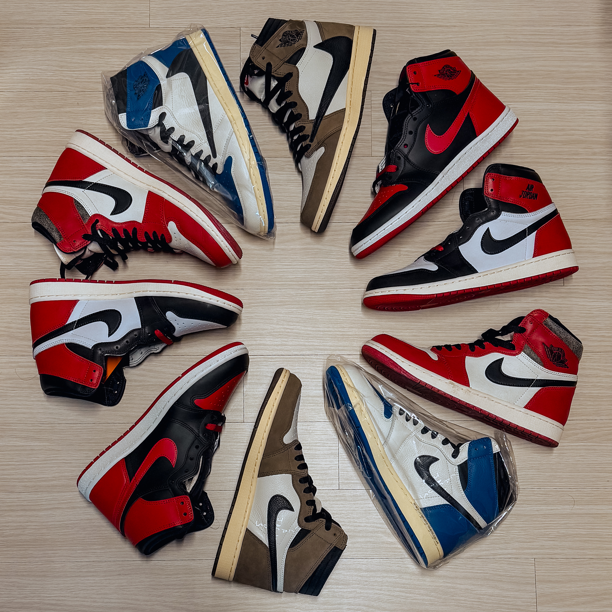 Jordan 1 x Travis Scott Retro High OG SP Mocha, Jordan 1 x Travis Scott x Fragment Retro High OG SP Military Blue 착용 스타일