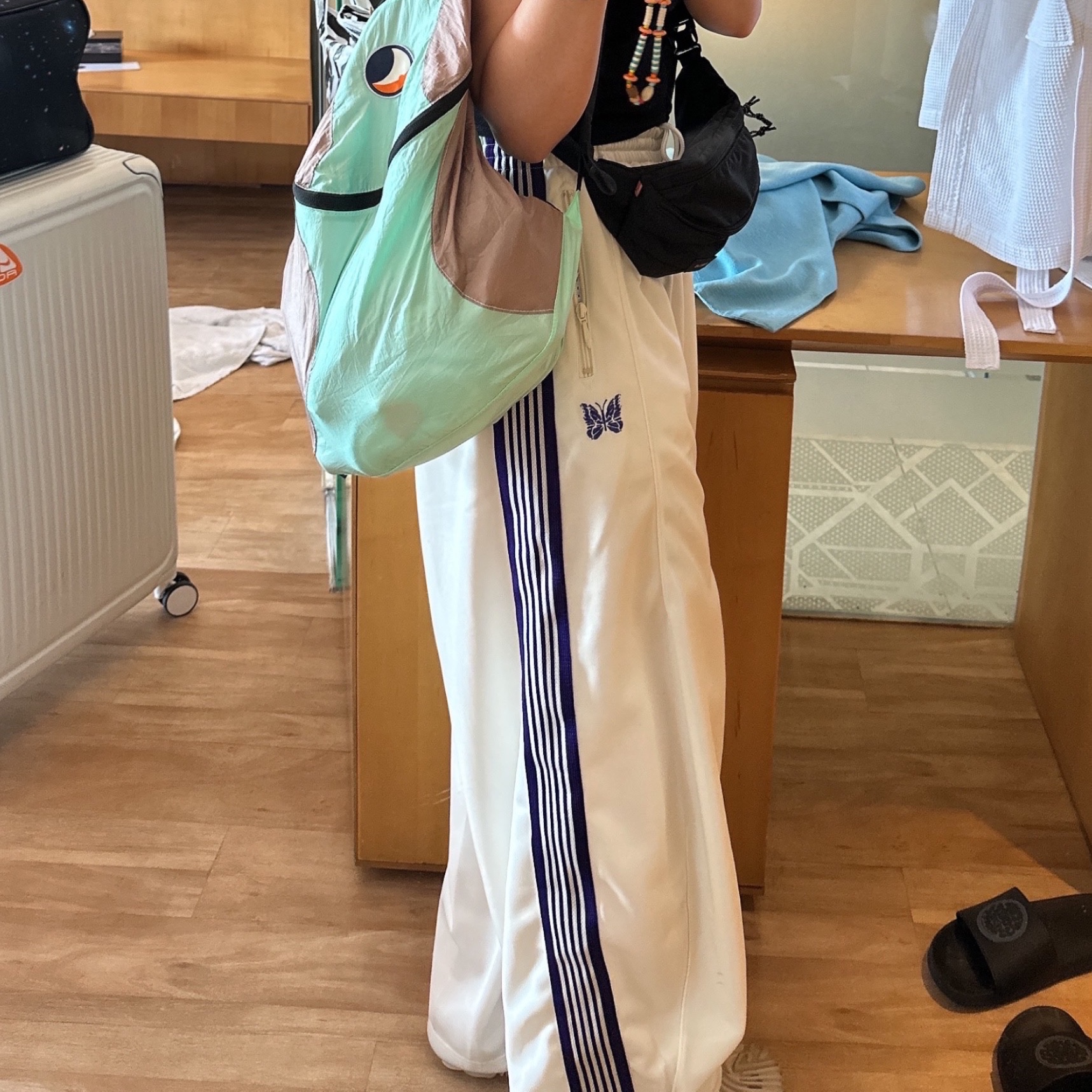 Needles H.D. Track Pants Poly Smooth White Purple, Crocs x Salehe Bembury Pollex Clog Horchata 착용 스타일