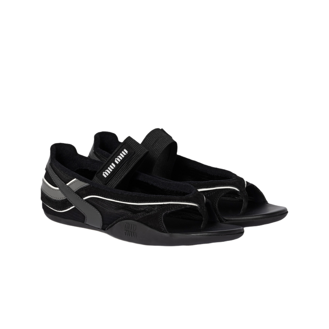 (W) 미우 미우 김나지움 테크니컬 패브릭 통 발레리나 블랙 안트라사이트 그레이((W) Miu Miu Gymnasium Technical Fabric Thong Ballerinas Black Anthracite Gray) - 2