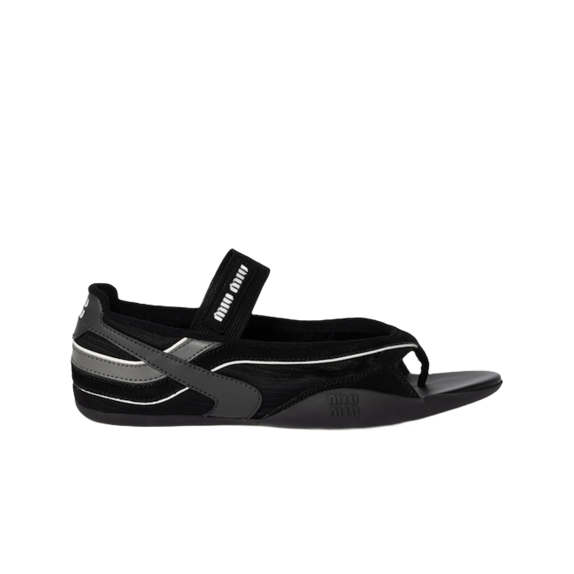 (W) 미우 미우 김나지움 테크니컬 패브릭 통 발레리나 블랙 안트라사이트 그레이((W) Miu Miu Gymnasium Technical Fabric Thong Ballerinas Black Anthracite Gray)