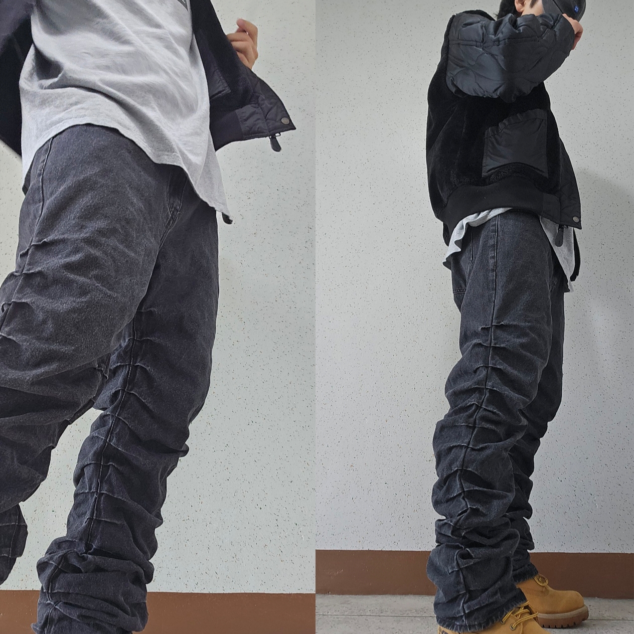 Ader Error Sig; TRS Tag Cap 01 Charcoal, NOMANUAL K.T Denim Pants Washed Black 착용 스타일 - 1