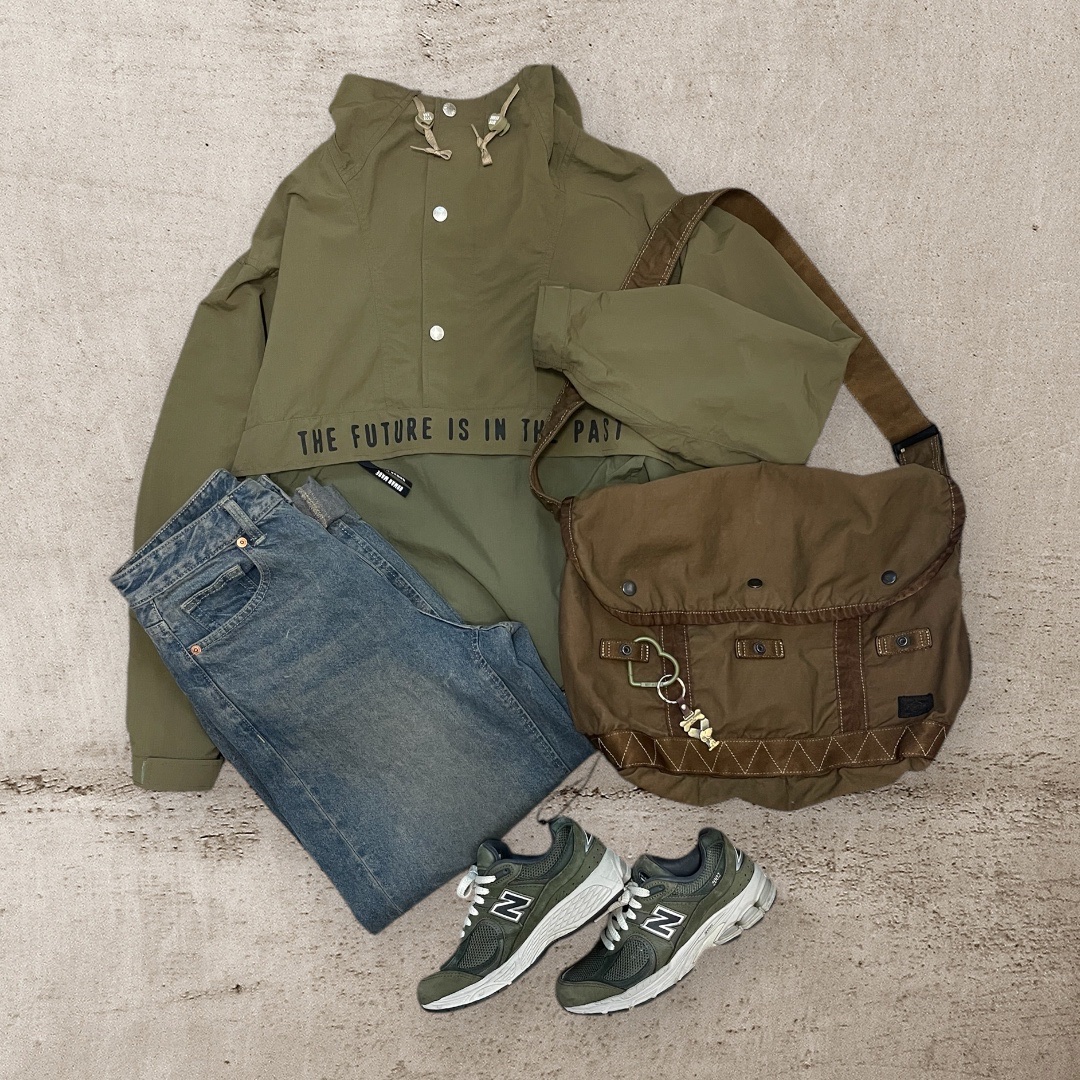 Human Made Anorak Parka Olive Drab, (W) GU Barrel Leg Jean Blue 착용 스타일