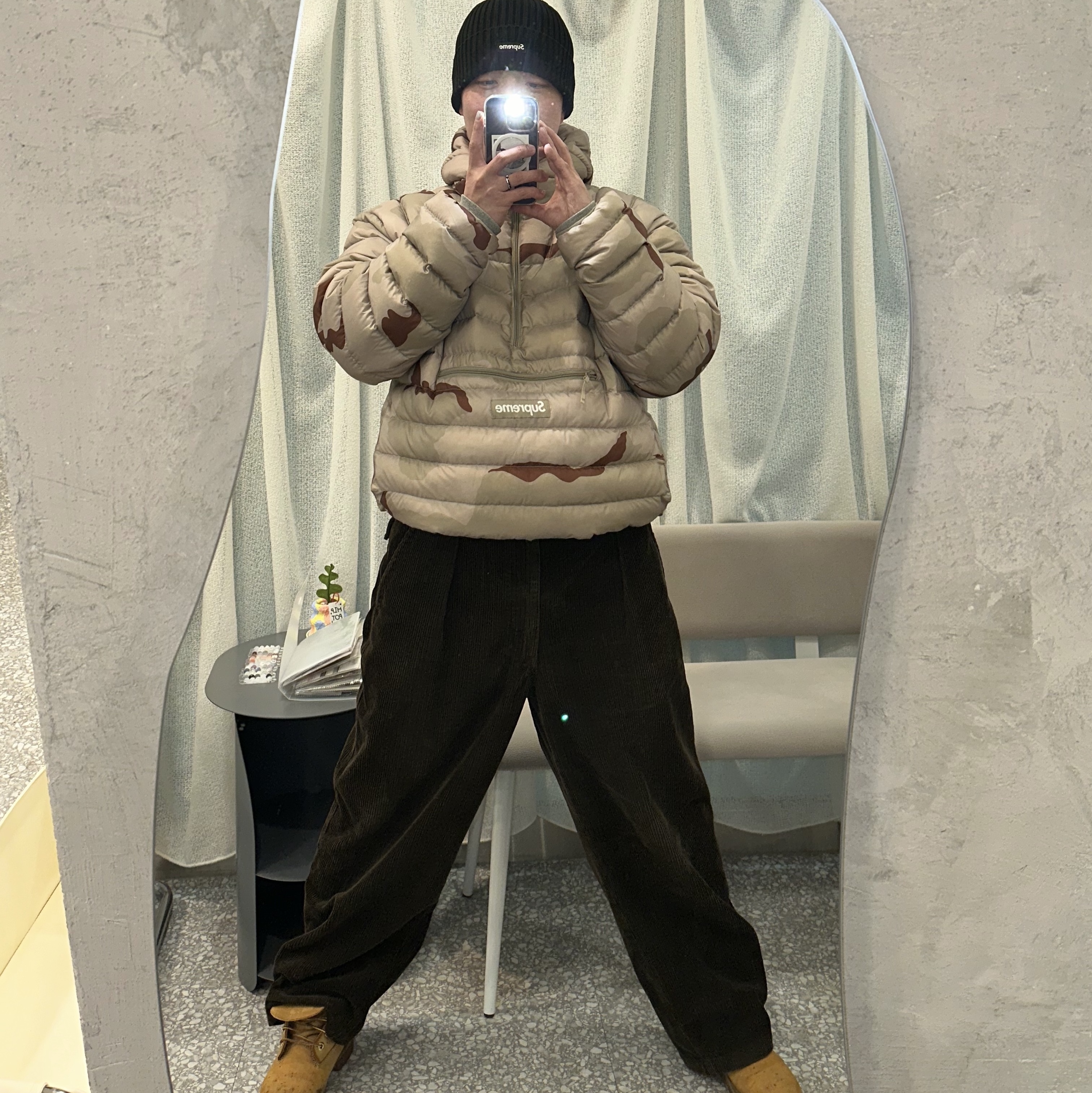 Supreme Overdyed Beanie Black, Supreme Micro Down Half Zip Hooded Pullover Desert Camo - 24FW 착용 스타일