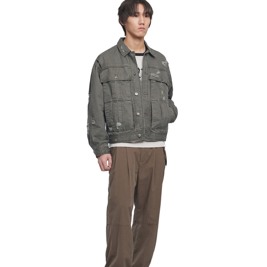 NOMANUAL A.G Hoodie Brown, NOMANUAL I.P Damaged Jacket Khaki Gray 착용 스타일 - 2