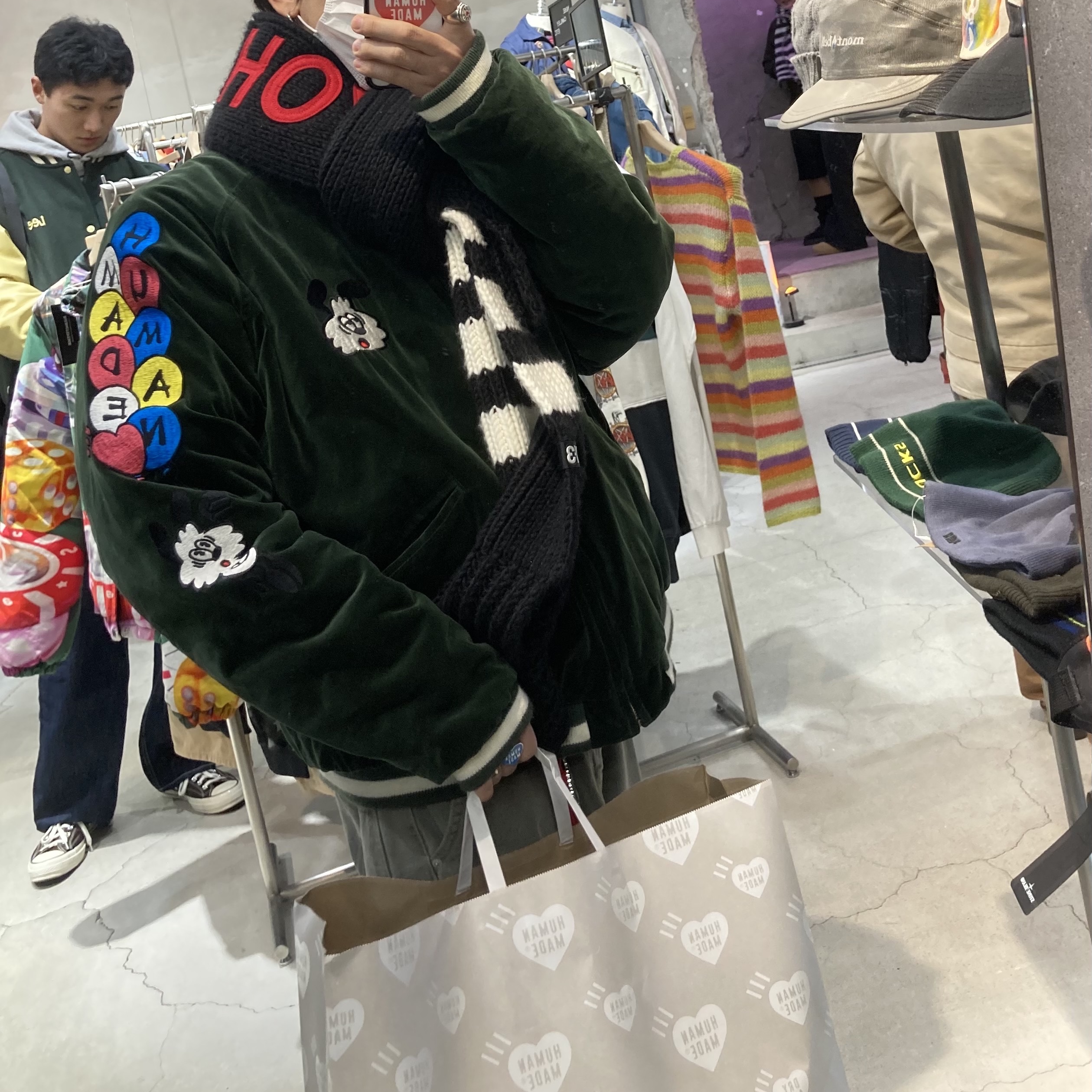 Human Made Heart Ring Blue, Human Made x Verdy Vick Yokosuka Reversible Jacket Green 착용 스타일
