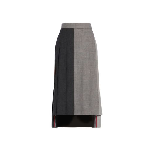 (W) Thom Browne Fun-Mix Wool 2 Ply Fresco Below Knee Classic Pleated Skirt Dark Grey