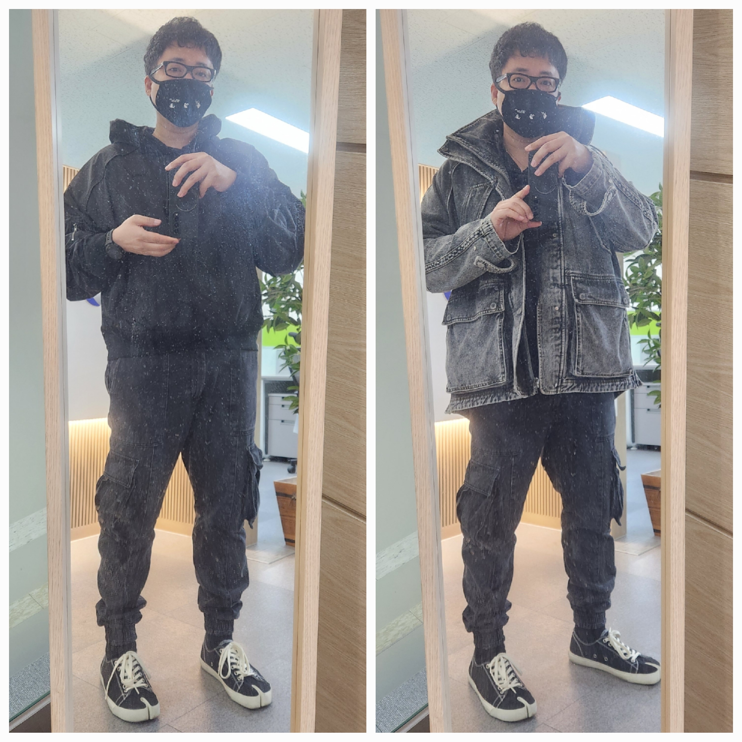 Juun.J Denim Cargo Jogger Pants Black - 23FW, Maison Margiela Tabi Sneakers Black 착용 스타일 - 1