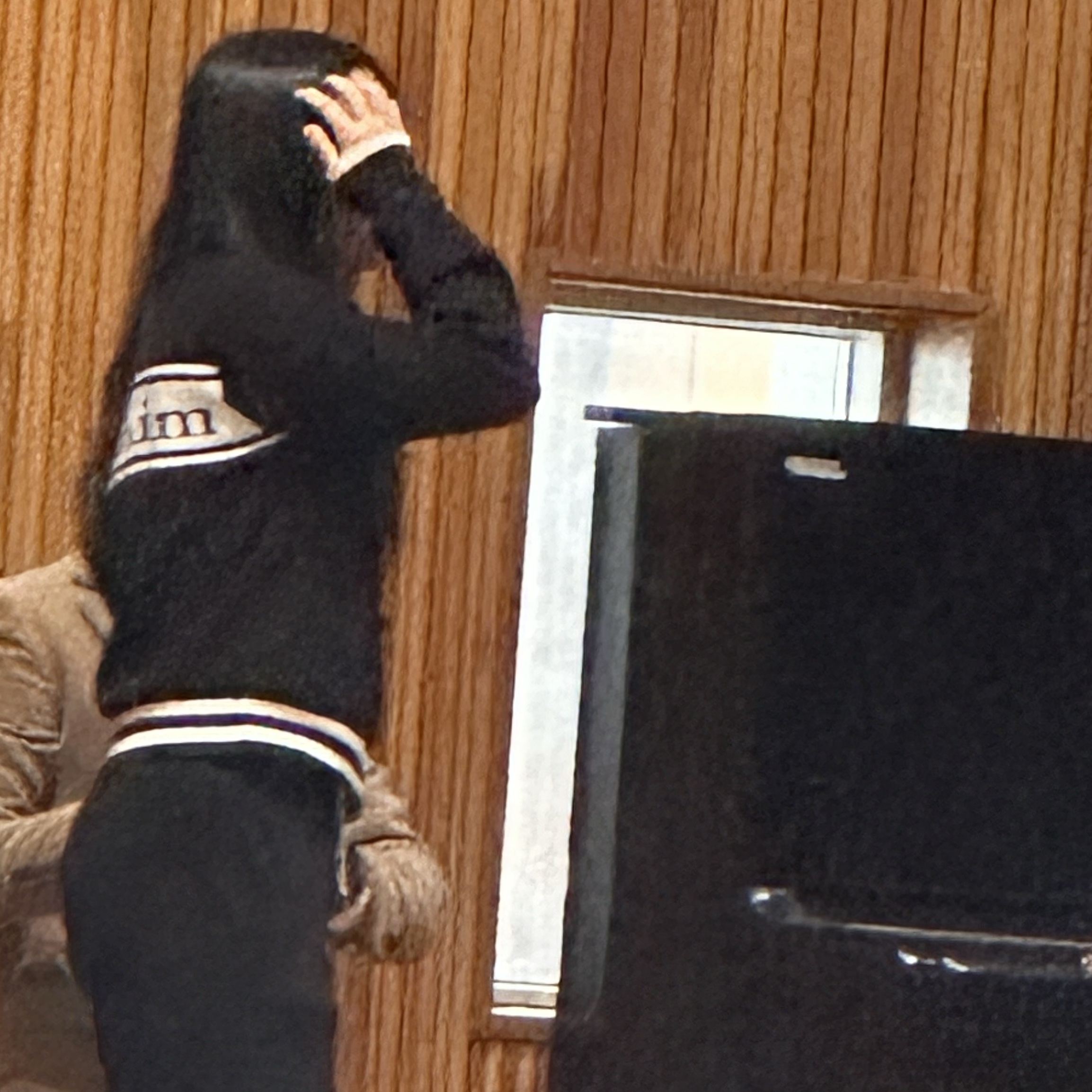 Matin Kim Spell Point Stripe Knit Cardigan Black 착용 스타일