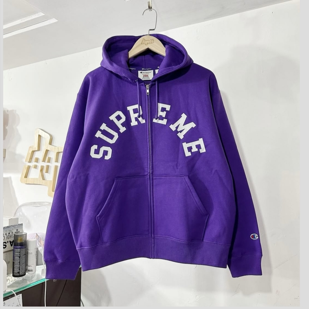 Supreme x Champion Zip Up Hooded Sweatshirt Purple - 24SS 착용 스타일 - 1