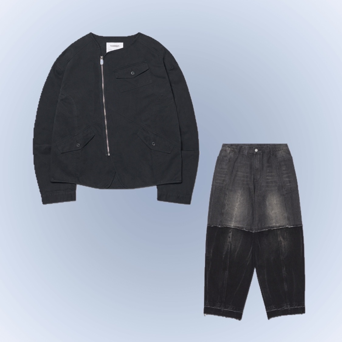 NOMANUAL Collarless Jacket Washed Black, NOMANUAL Half & Half Denim Pants Washed Black 착용 스타일