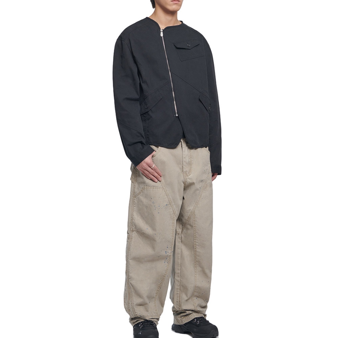 NOMANUAL Collarless Jacket Washed Black 착용 스타일