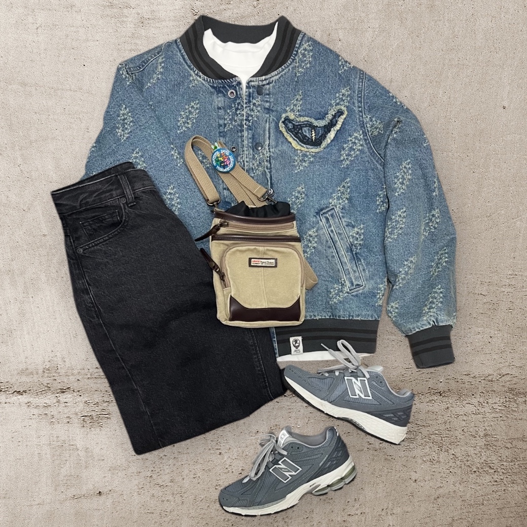 Thisisneverthat x Grateful Dead Lightning Denim Varsity Jacket Washed Blue, (W) GU Barrel Leg Jean B+EC Dark Gray 착용 스타일