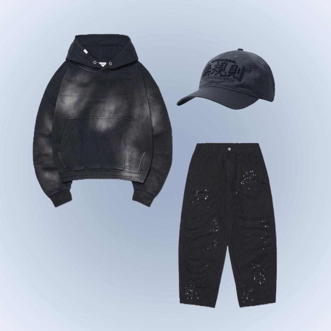 NOMANUAL Stain Washed Hoodie Washed Black, NOMANUAL Painted Double Knee Pants Washed Black 착용 스타일