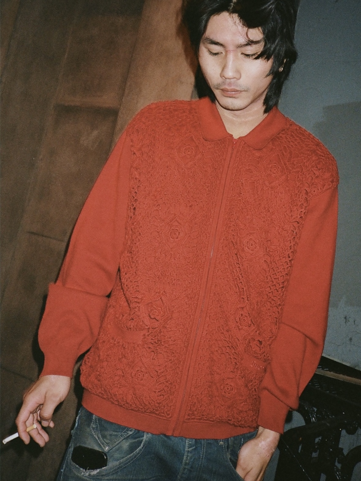 Supreme Crochet Zip Up Cardigan Dark Red - 25SS 착용 스타일