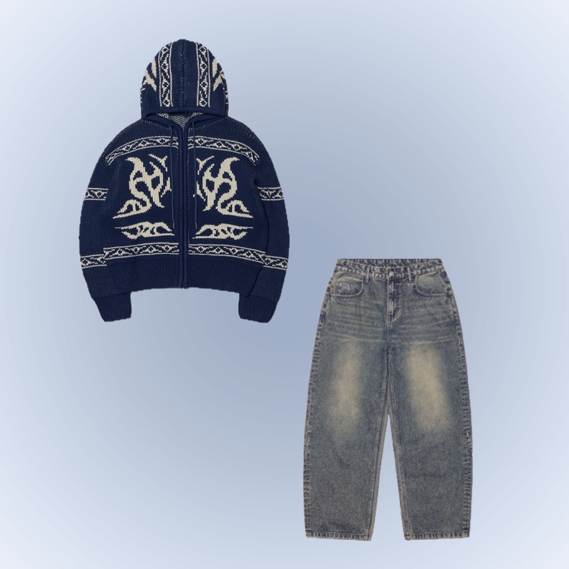 NOMANUAL Cowichan Hooded Zip-up Navy, NOMANUAL B.C.L Denim Pants Washed Blue 착용 스타일