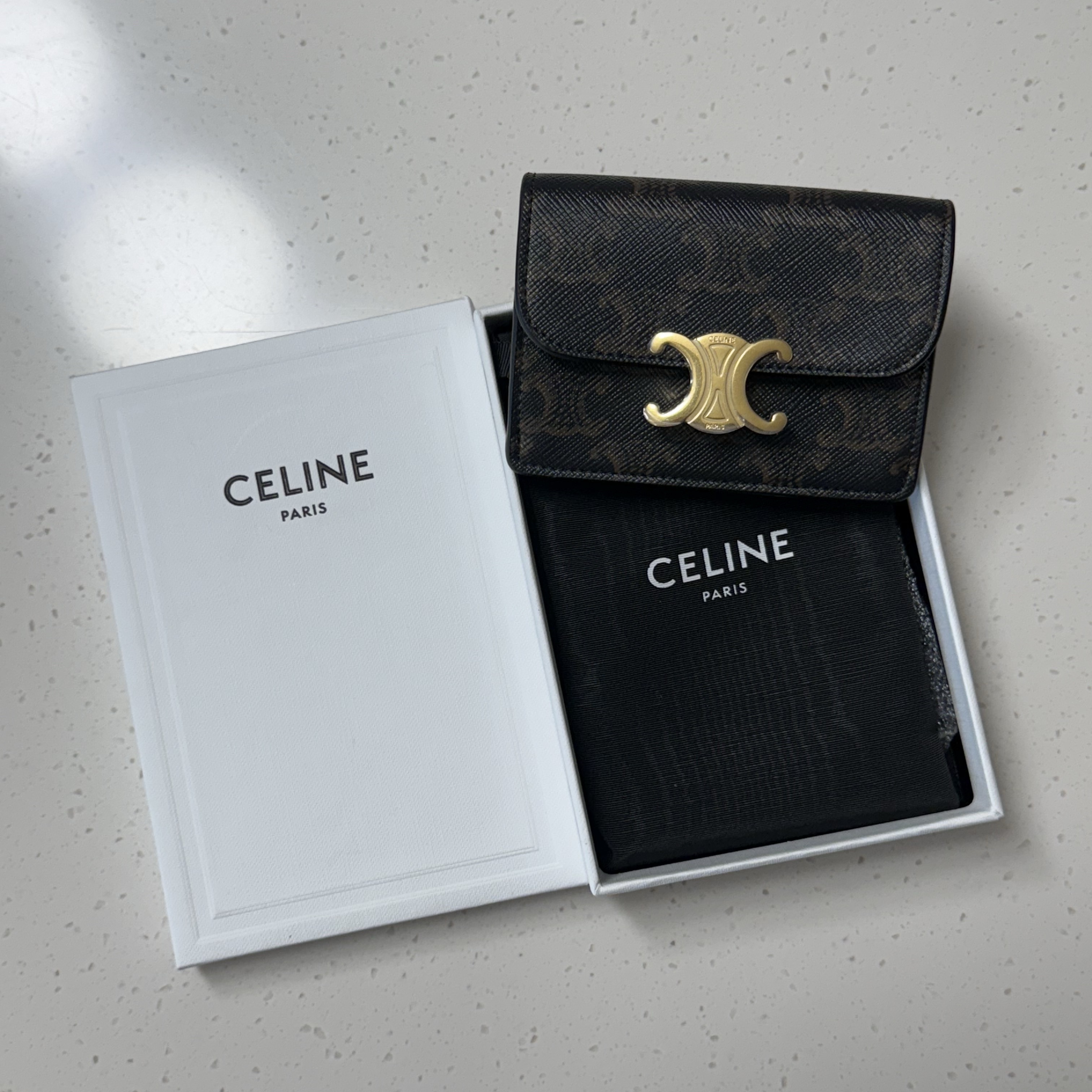 Celine Card Holder with Flap in Triomphe Canvas Tan 착용 스타일