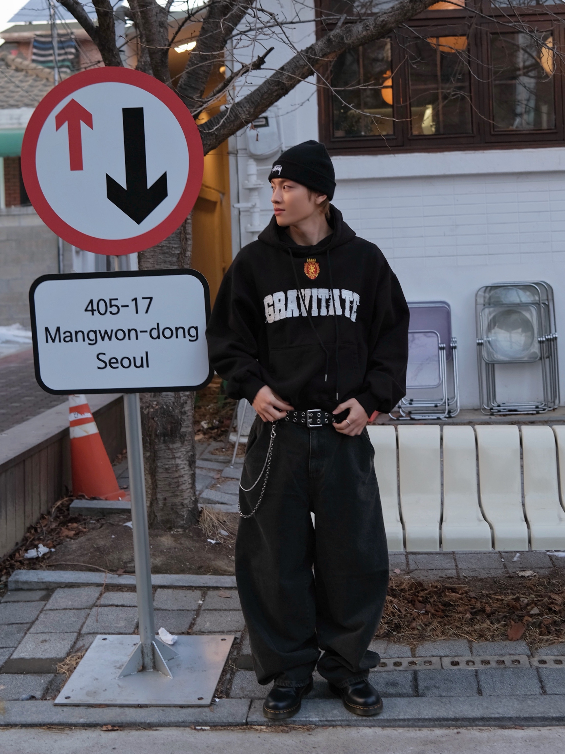 Dr. Martens 1461 Smooth Black, Stussy Basic Cuff Beanie Black 착용 스타일 - 1