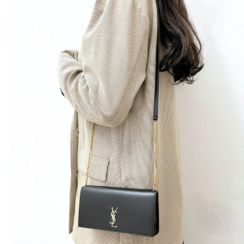 Saint Laurent Gold Monogram Phone Holder with Strap in Smooth Leather Black 착용 스타일 - 3