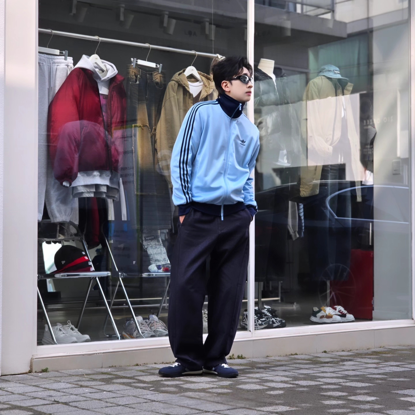 Adidas Adicolor Classic Beckenbauer Track Top Clear Sky Night Indigo - KR Sizing, Converse Run Star Trainer Retro Sport Azul 착용 스타일 - 5