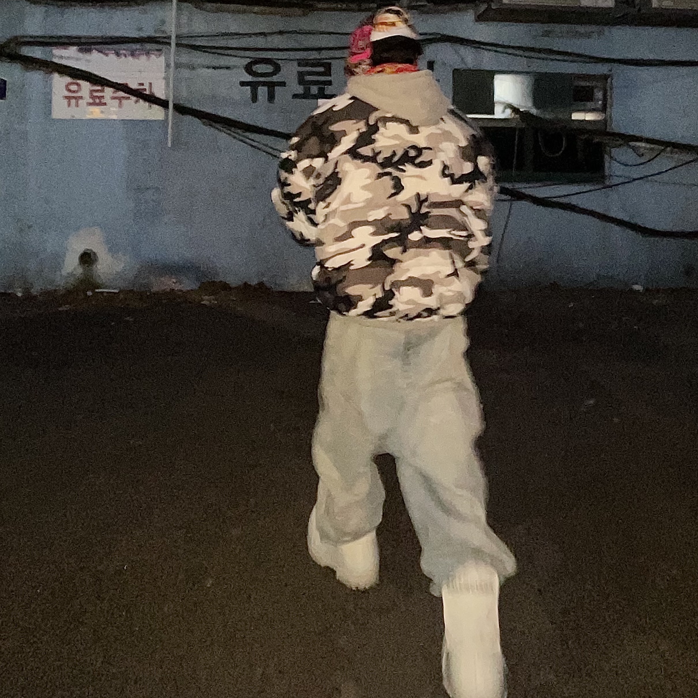 Project G/R Backward Carpenter Pants Blue, Project G/R Reversible Hooded Puffer Jacket Grey 착용 스타일 - 7