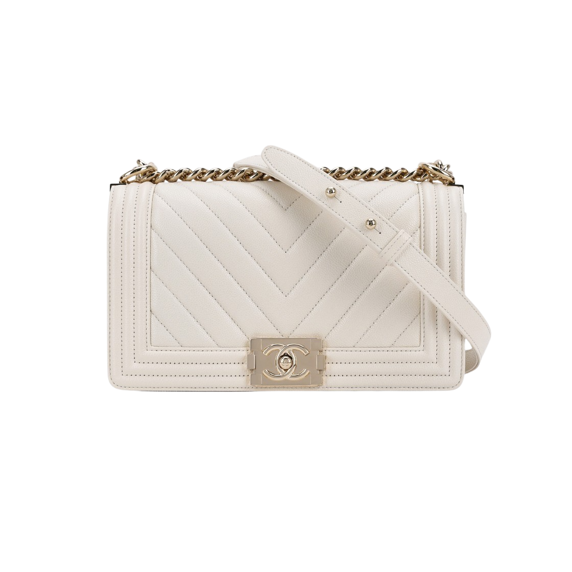 A67086-B07109-10601 Chanel Medium Boy Chanel Handbag Grained Calfskin & Gold White - 대표 이미지 #1