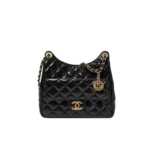 Chanel Hobo Handbag Shiny Crumpled Calfskin & Gold Black