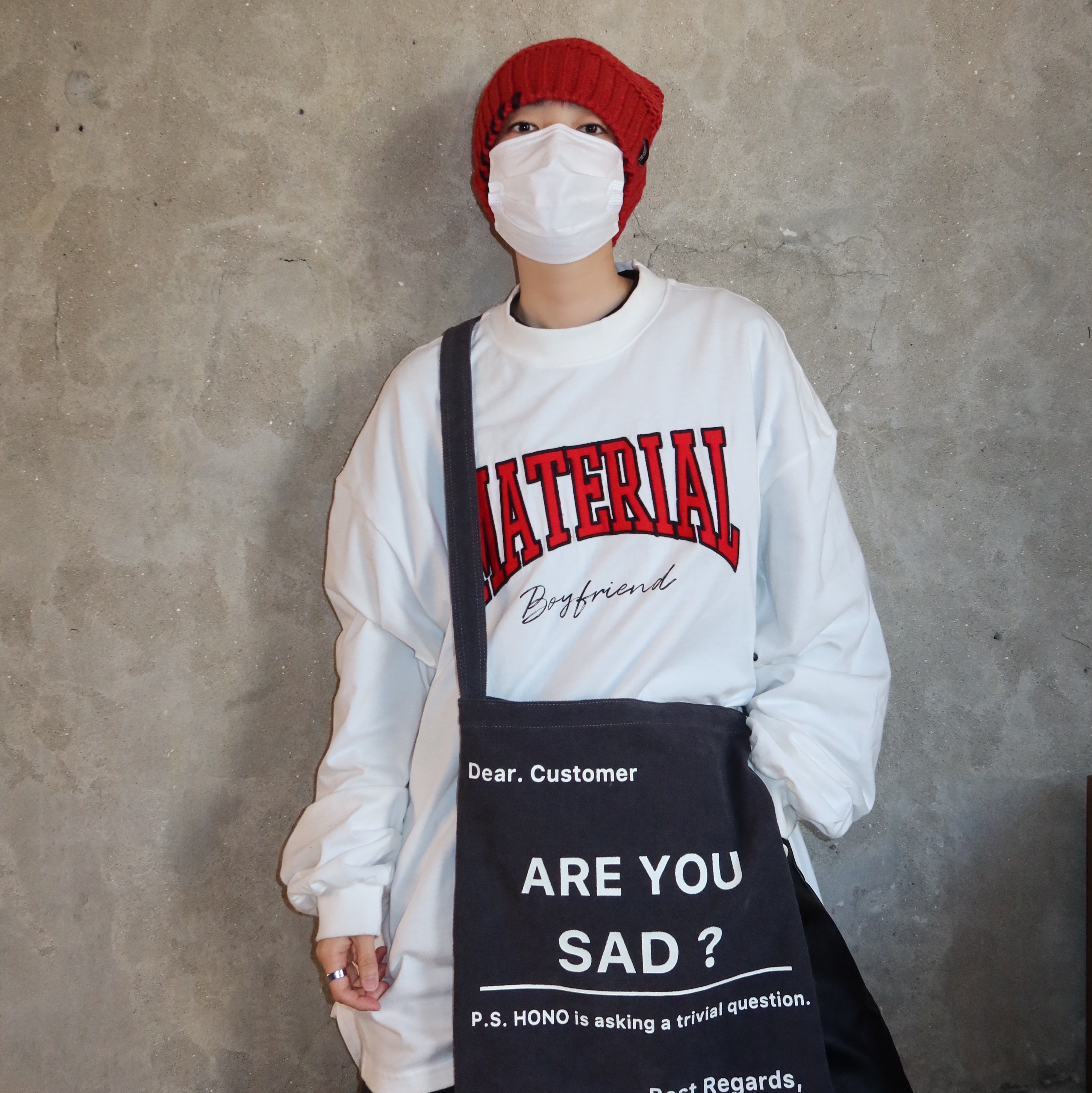 Hono Report Letter Bag Gray, Project G/R Asura Long Sleeve White 착용 스타일 - 3