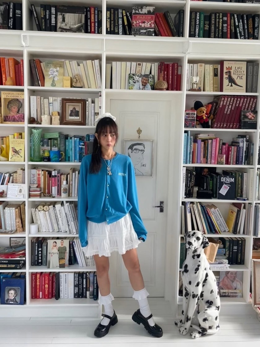 トップス Artist komplex PEARL ROUND CARDIGAN 아티스트컴플렉스 아티스트 진주 라운드 가디건 스카이블루
