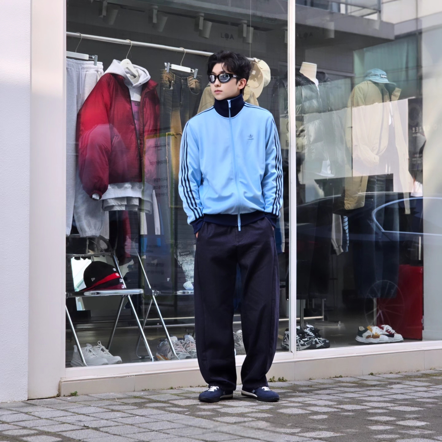 Adidas Adicolor Classic Beckenbauer Track Top Clear Sky Night Indigo - KR Sizing, Converse Run Star Trainer Retro Sport Azul 착용 스타일 - 6