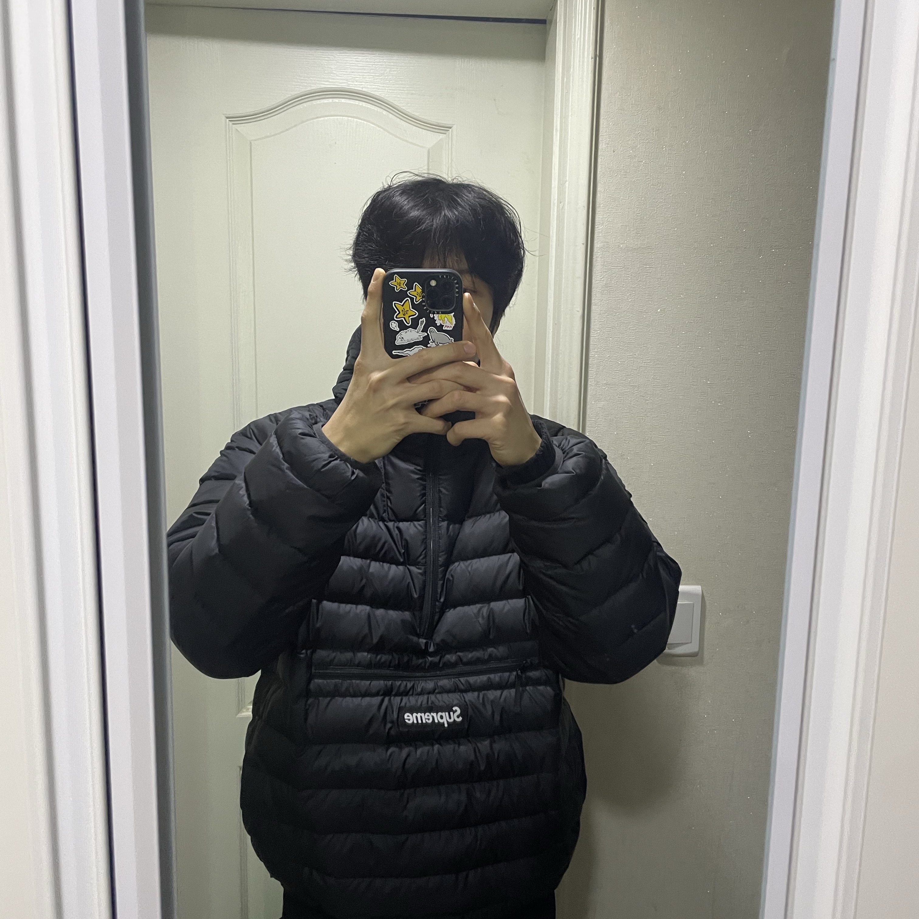 Supreme Micro Down Half Zip Hooded Pullover Black - 24FW 착용 스타일