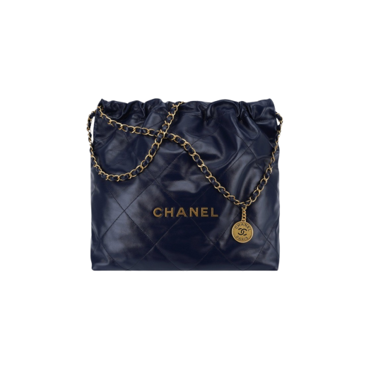 Chanel 22 Medium Handbag Shiny Calfskin & Gold Navy Blue