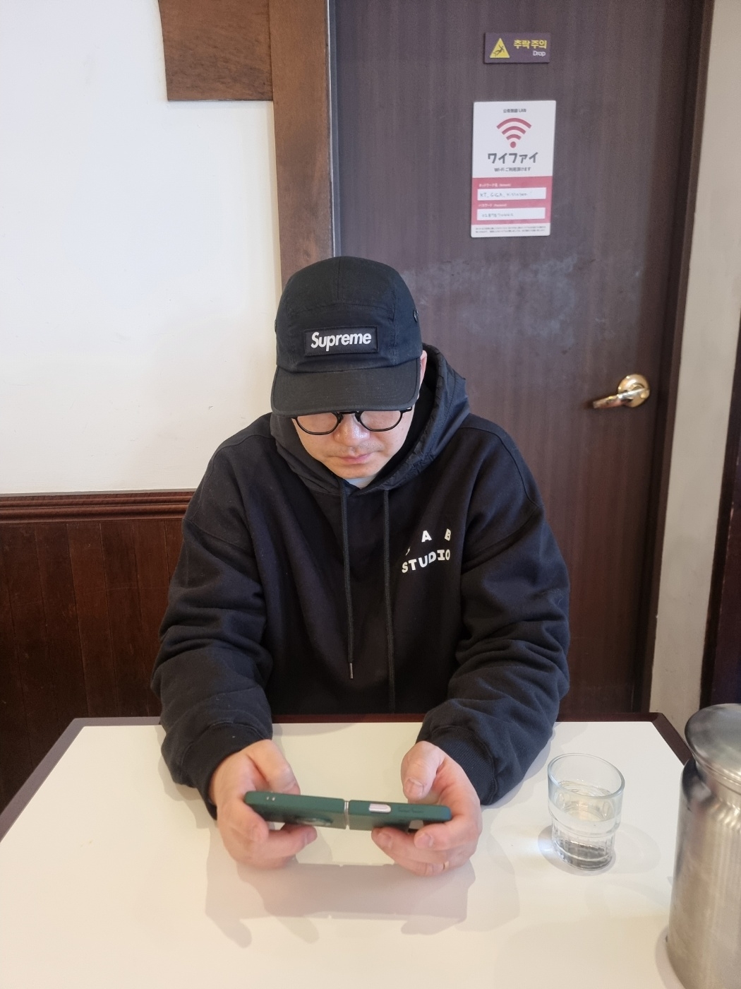 Supreme Military Camp Cap Black - 24FW, IAB Studio Woven Hoodie Black 착용 스타일