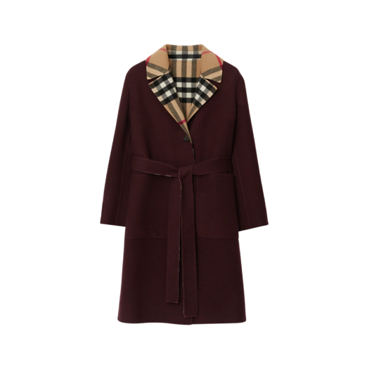 (W) Burberry Reversible Check Wool Coat Plum Archive Beige