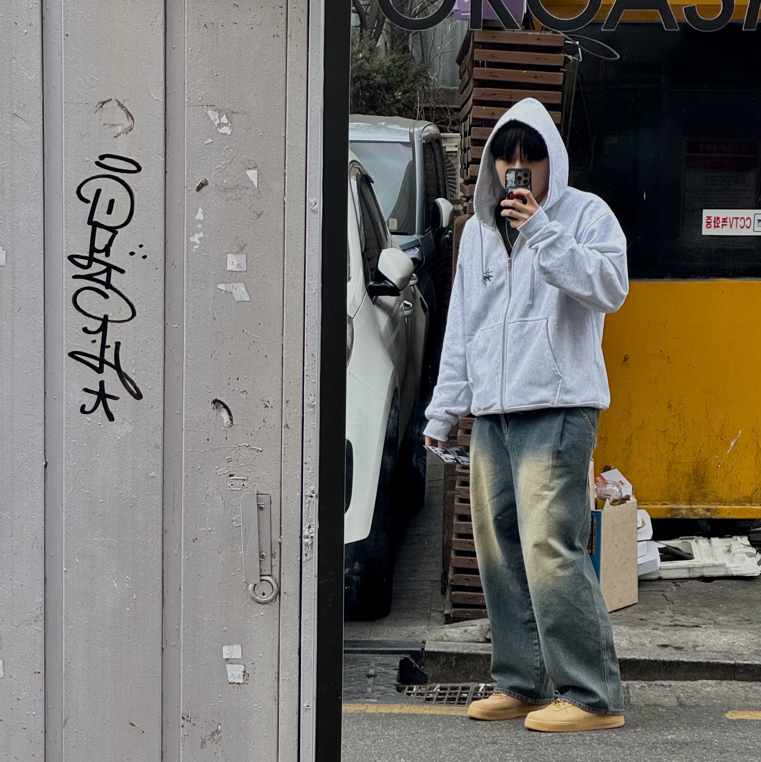 Stussy Basic Stussy Zip Hoodie Ash Heather, Nike Air Force 1 '07 WB Flax 착용 스타일 - 1