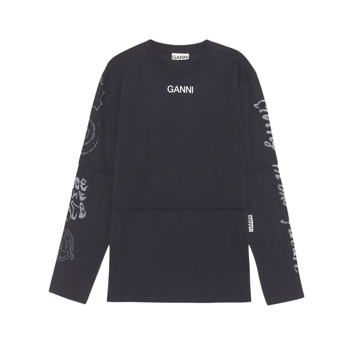 T3049-252 (W) Ganni Light Cotton Jersey O-Neck Dropped Shoulder Layered T-Shirt Phantom - 22SS - 대표 이미지 #1
