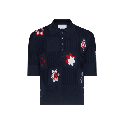 Thom Browne Classic Merino Wool Floral Hector Polo Navy