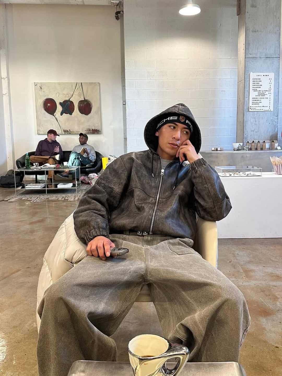Supreme x Dickies Hooded Leather Work Jacket Black - 24FW, Customellow Fake Leather Leather Hood Bomber Dark Gray 착용 스타일 - 5