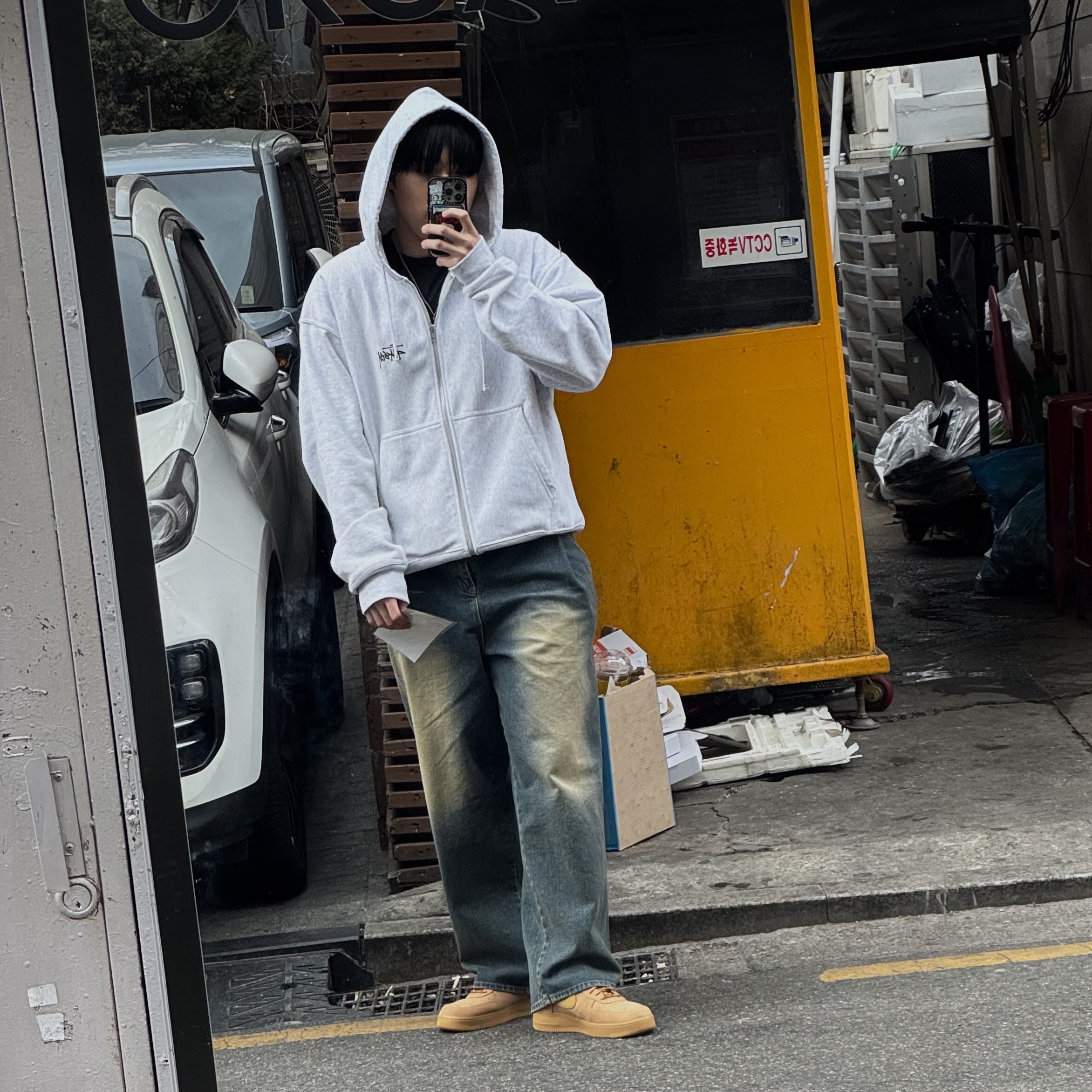 Stussy Basic Stussy Zip Hoodie Ash Heather, Nike Air Force 1 '07 WB Flax 착용 스타일 - 2