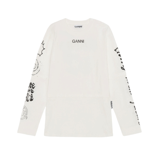 (W) Ganni Space Graphic Long Sleeve T-Shirt Egret - 22S