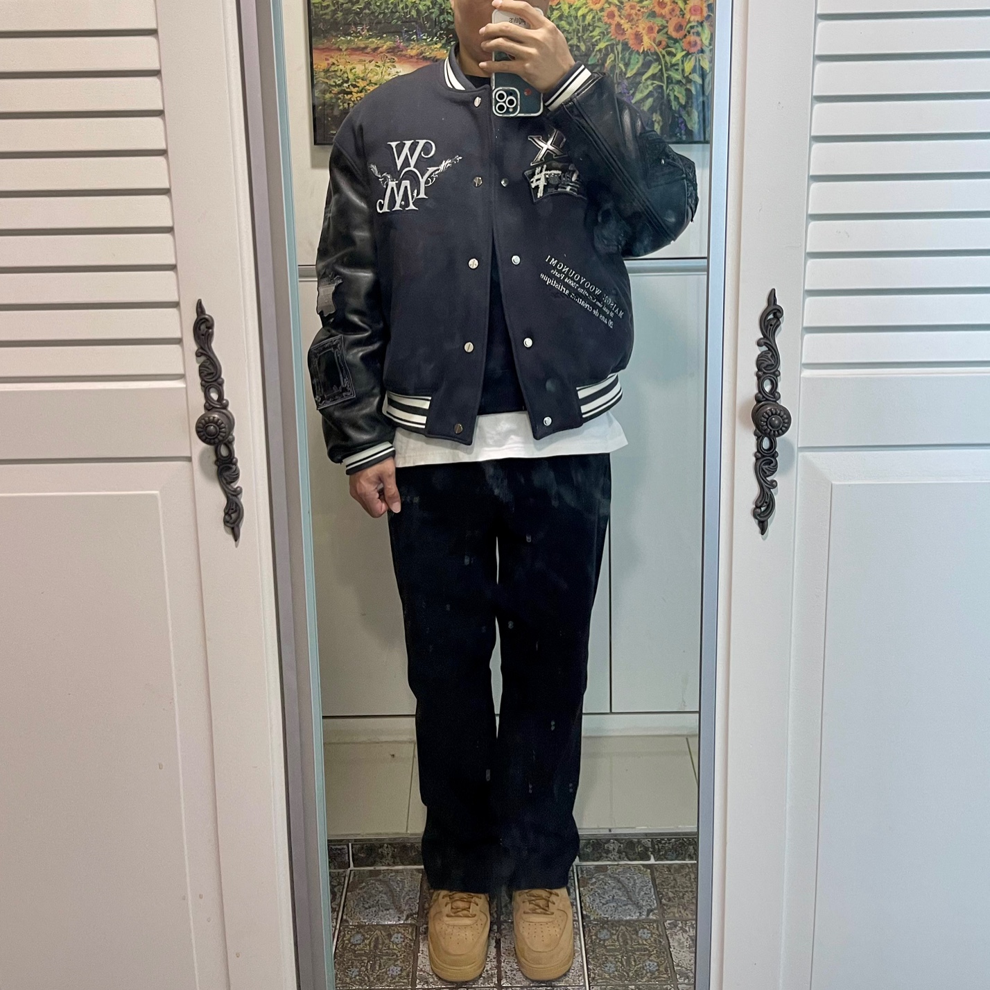 Wooyoungmi Varsity Jacket Gray - 23SS, Nike Air Force 1 '07 WB Flax 착용 스타일