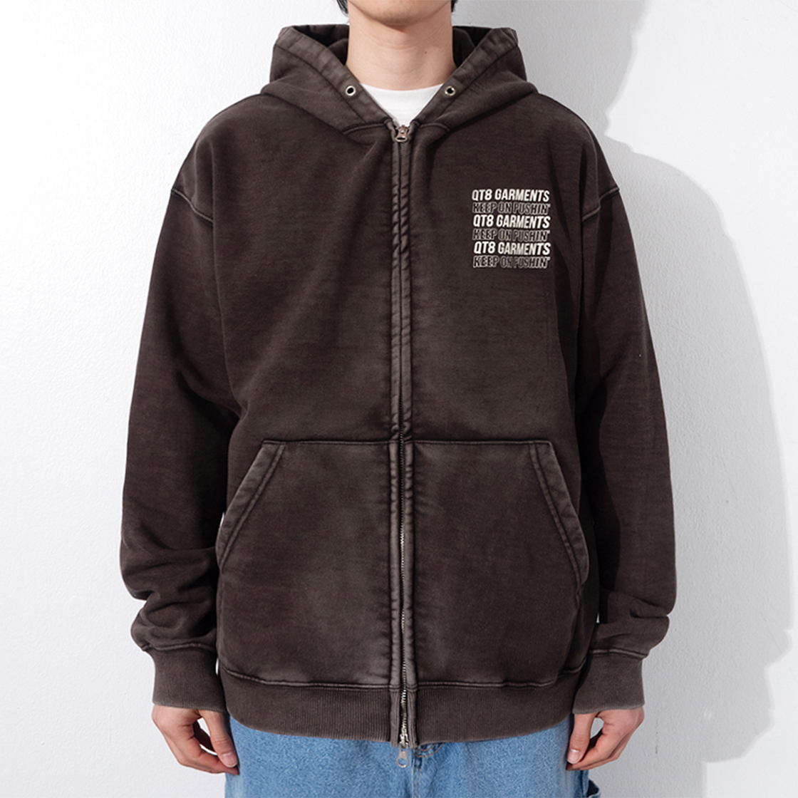 큐티에잇 가먼츠 슬로건 워시드 집업 후디 블랙(QT8 GARMENTS Slogan Washed Zip-up hoodie Black) - 3