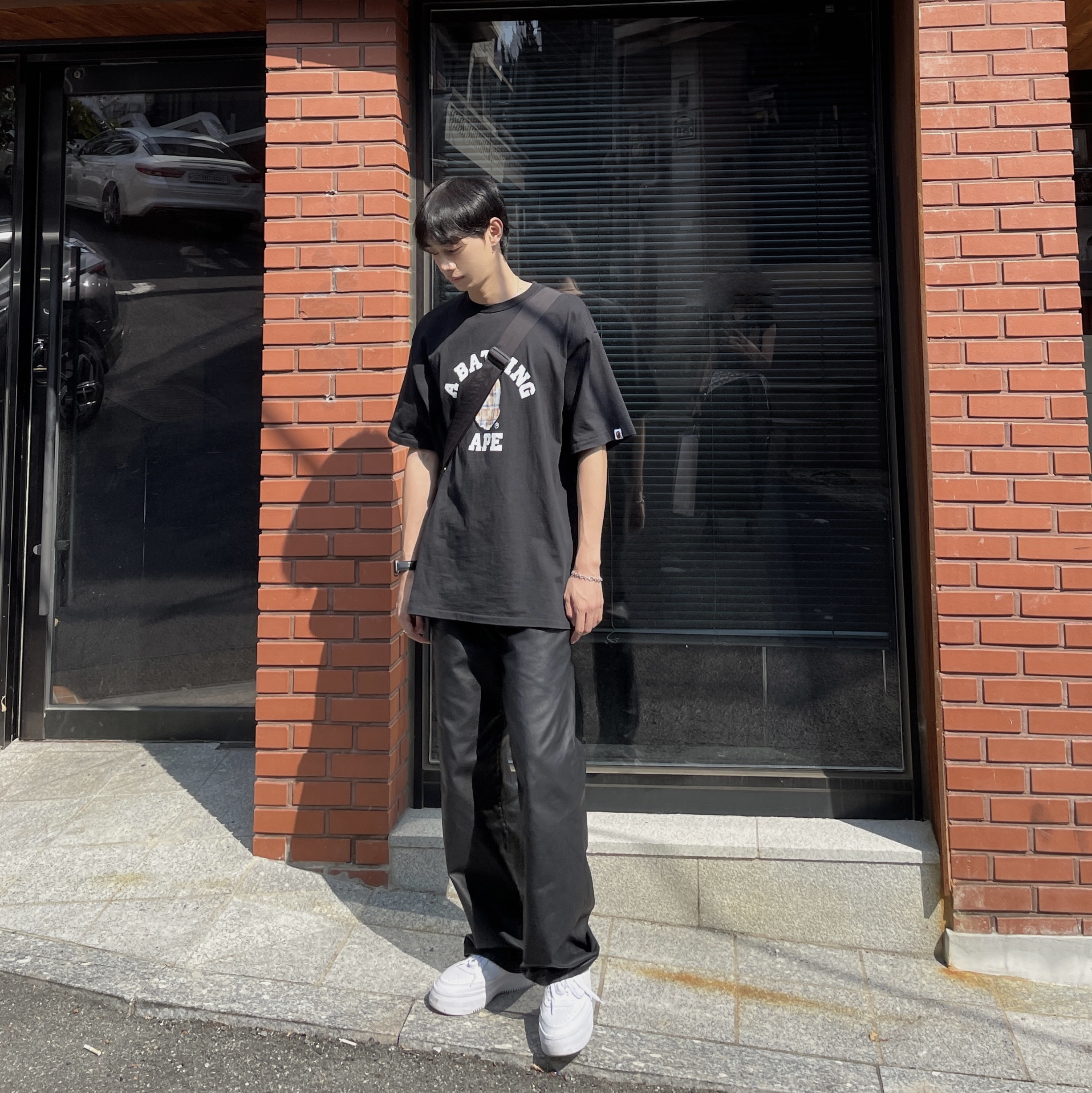 BAPE Bleached BAPE Check College T-Shirt Black, (W) Nike Court Vision Alta White 착용 스타일