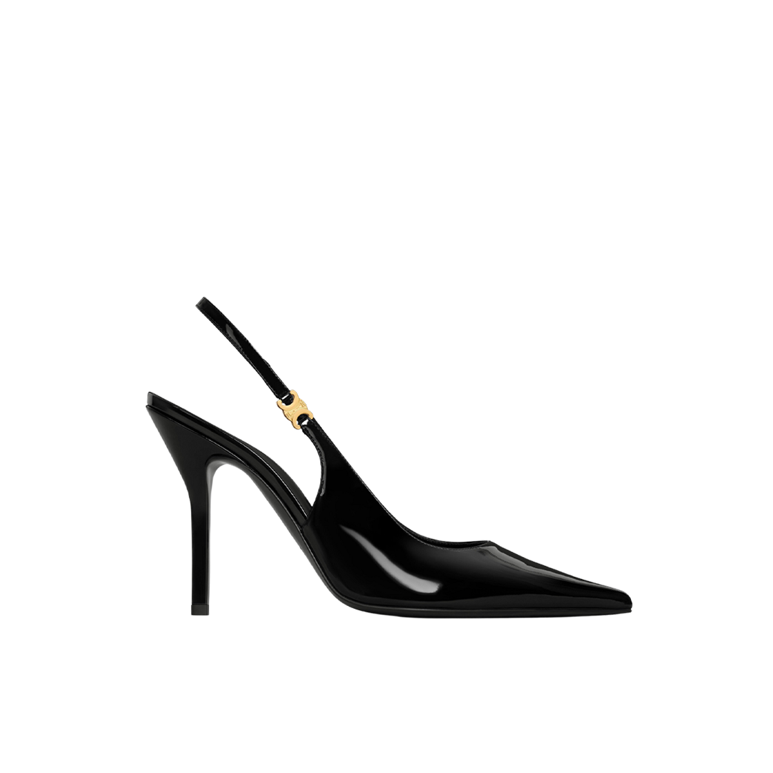 (W) 셀린느 주디 트리옹프 스틸레토 펌프 페이턴트 카프스킨 블랙((W) Celine Judy Triomphe Stiletto Pump in Patent Calfskin Black)