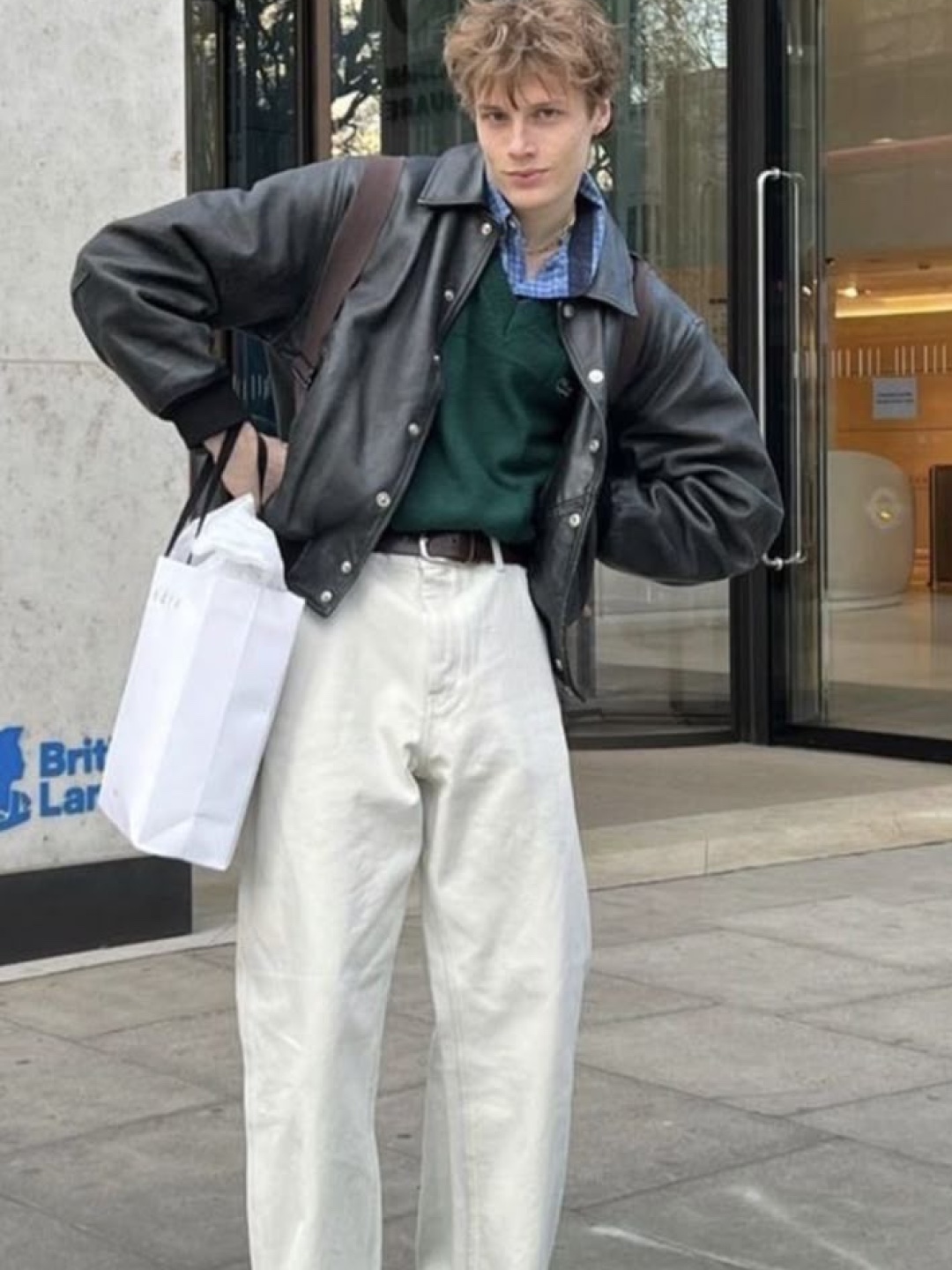 Full of Ssun Gunpocket Leather Jacket Brown, Uniqlo x JW Anderson Oxford Oversized Shirt Stripe Yellow - KR 착용 스타일 - 6