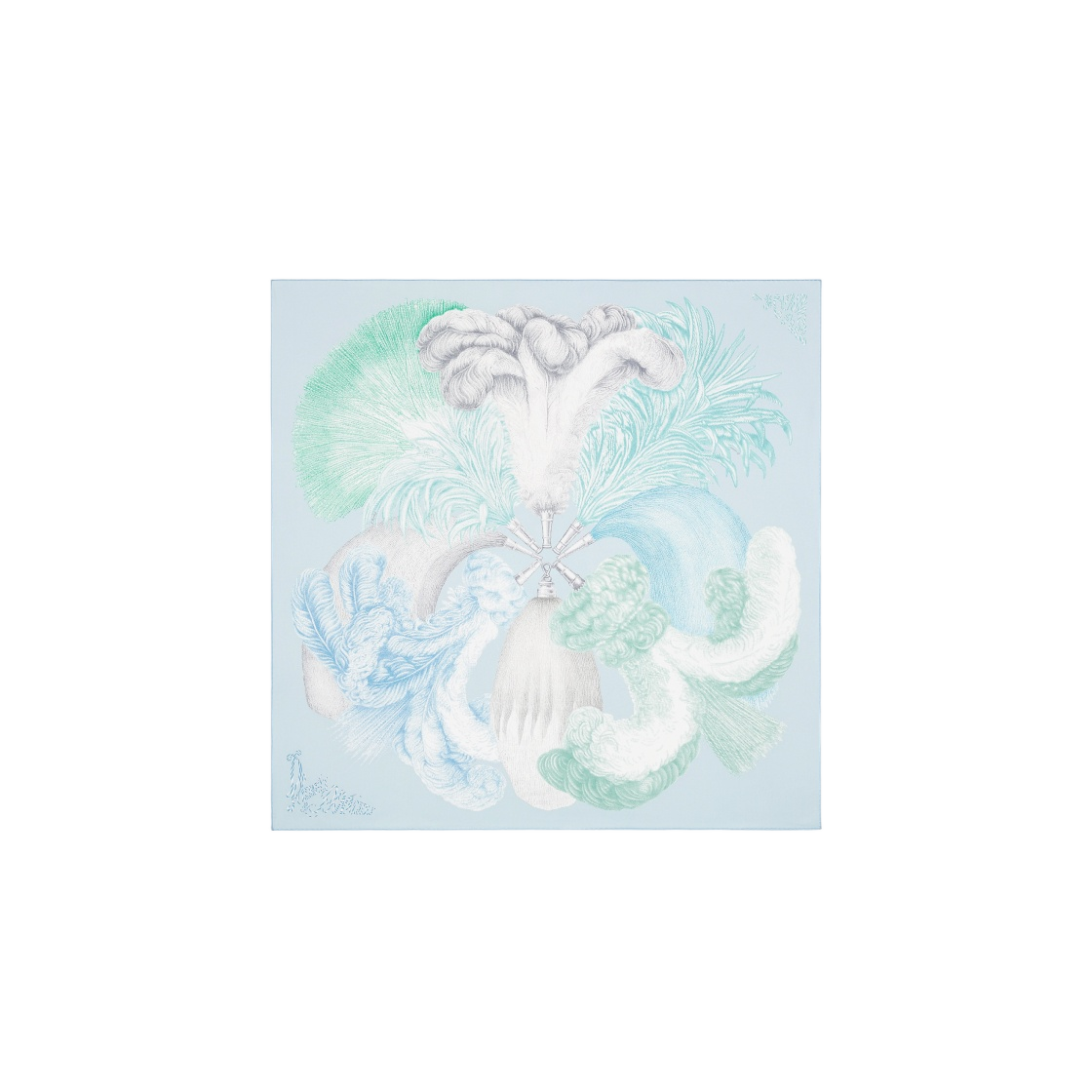 H003851S11 (W) Hermes Plumets Et Panaches Scarf 90 Bleu Glacier Vert Gris - 대표 이미지 #1