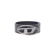 (W) Diesel B-1DR 50 Strass Leather Belt with Rhinestone Logo Buckle Black