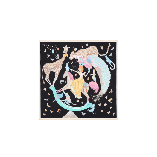 (W) Hermes Story Scarf 90 Noir Jaune Multicolore
