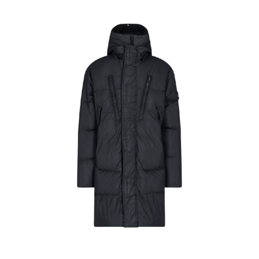 Stone Island 70123 Crinkle Reps Hooded Long Down Jacket Black - 21FW