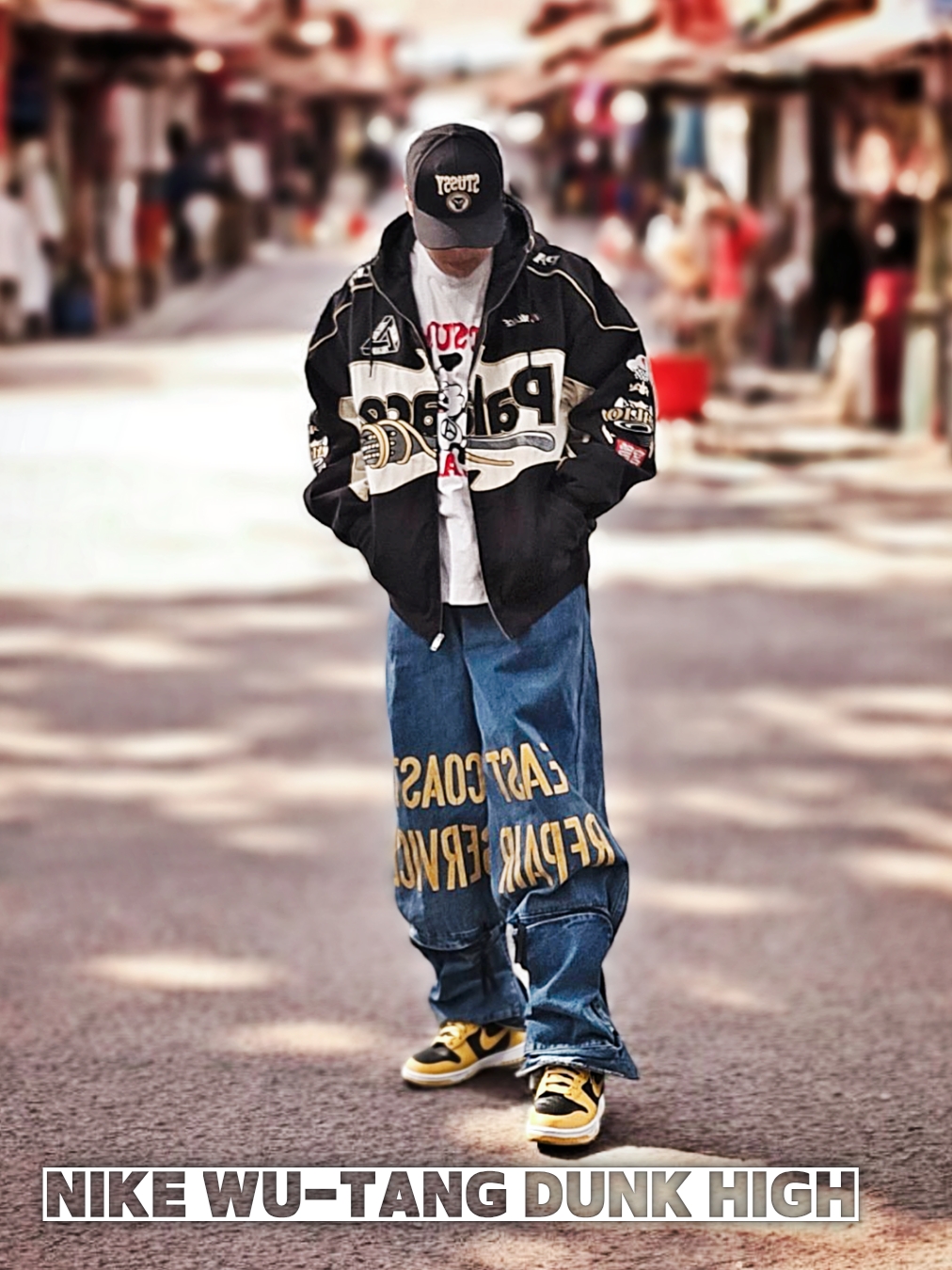 Nike Wu-Tang Clan Dunk High Black and Pollen, Kapital 12.5 oz. Broken Denim East Repairman Track Pants Indigo 착용 스타일